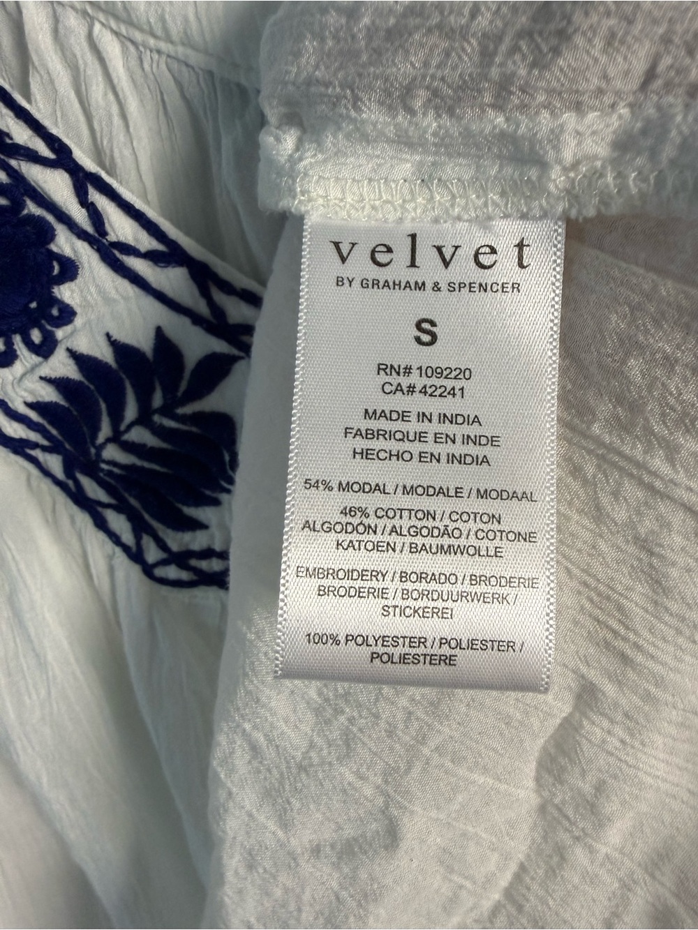 Velvet by graham & spencer Embroidered V-Neck Peasant Blouse - white-with Navy - Picture 5 of 5